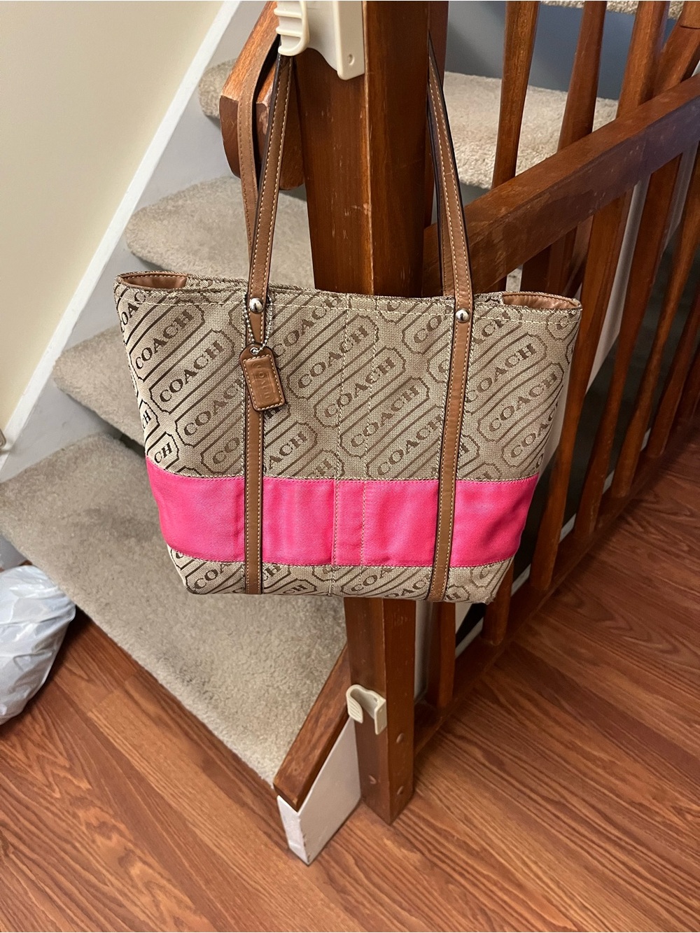 Coach Beige Signature Canvas Tote with Pink Band and Brown Trim
